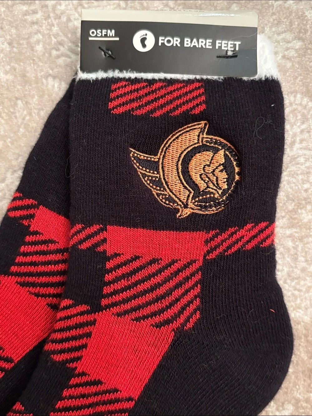 Brand New For Bare Feet Ottawa Senators NHL Grip Socks Black & Red Buffalo Plaid